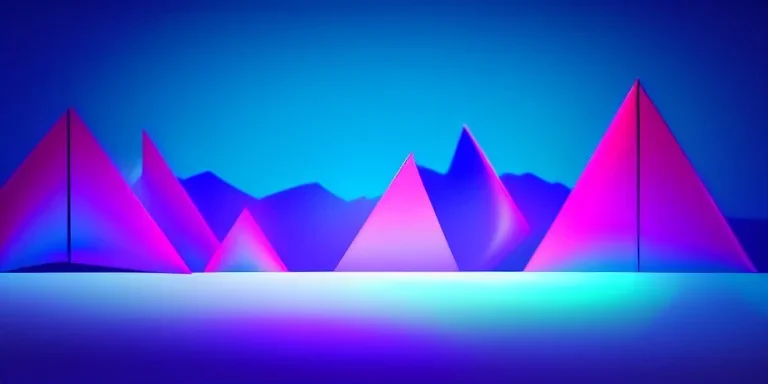 3d rendering. Abstract futuristic neon background. Fantastic landscape with glowing geometric triangular frame and mountains