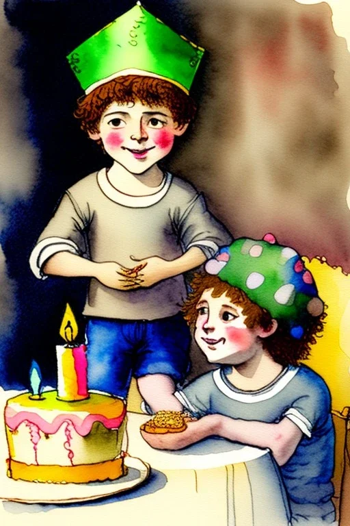 A cute smiling boy wearing a kippah. Boy and lion are sitting at a table with a birthday cake. Watercolour