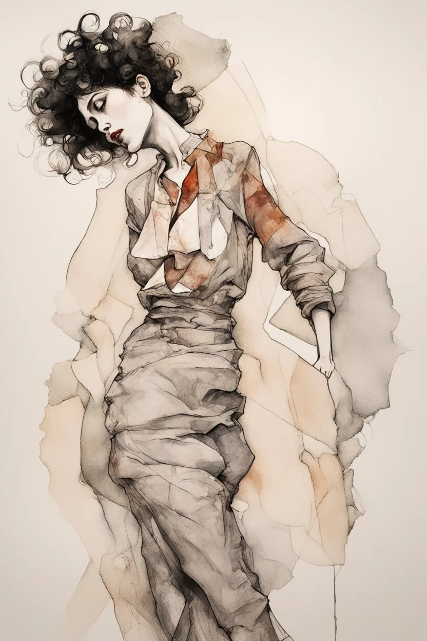 The perception of newness comes from a female figure that undergoes a transformation after some specific action and adapts to a new space as if in the form of a garment, ink, EGON SCHIELE style, maximum detail, quality textures, bright lighting, high resolution