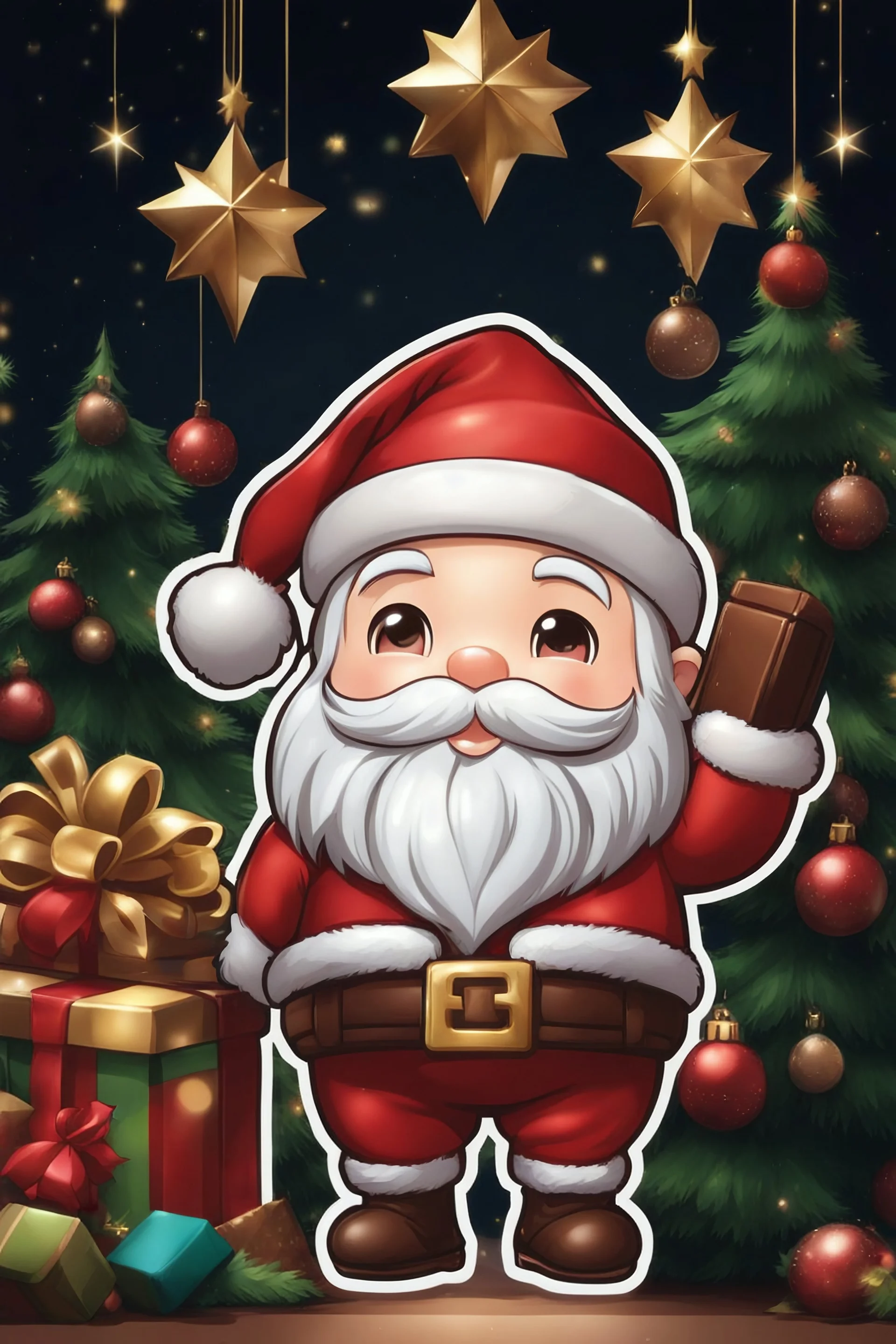 Cute Chibi santa-claus in 8k sticker, style of fairy academia, hug big Chocolate, intricate details, highly detailed, high details, detailed portrait, masterpiece,ultra detailed, ultra quality