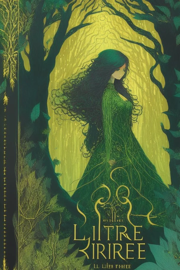 book cover, In the heart of a dense and enigmatic forest with towering ancient trees cloaked in emerald, yellow and amber foliage stands a witch possessing an ethereal allure her lustrous hair cascading in ebony waves down to her slender waist