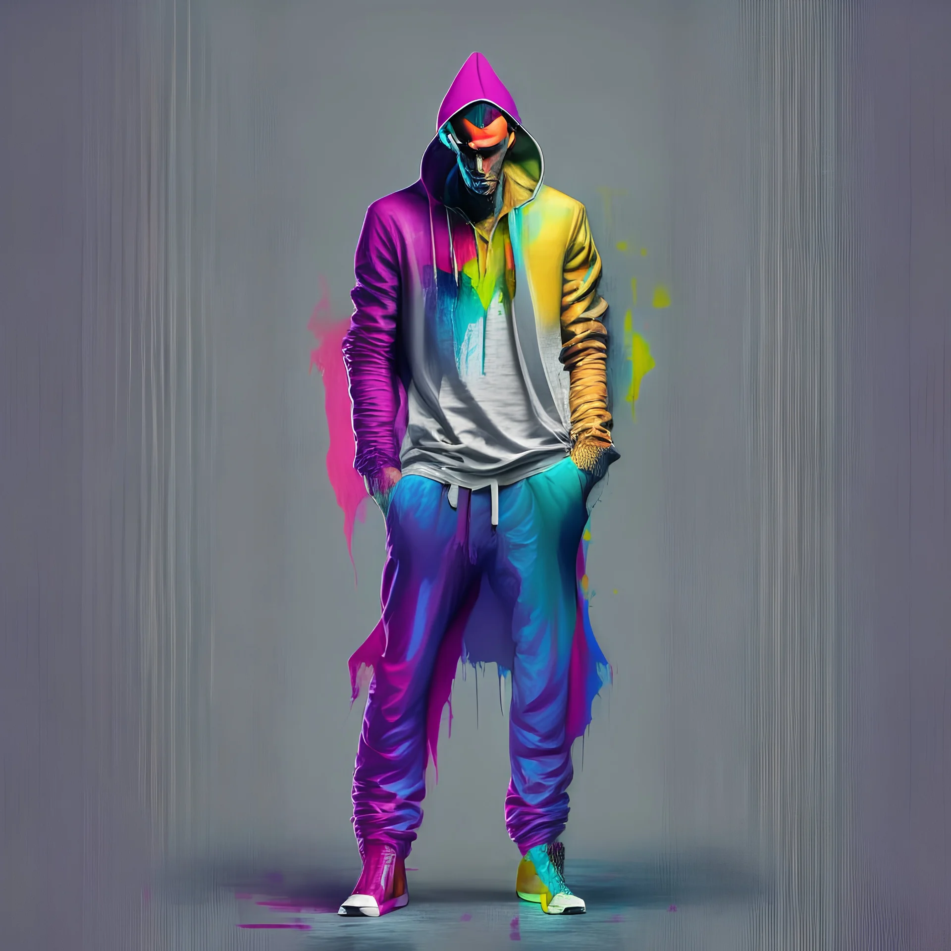 Dracula In a colorful hoodie and trackpants, full length portrait, full body visible, uncropped, solid light grey background