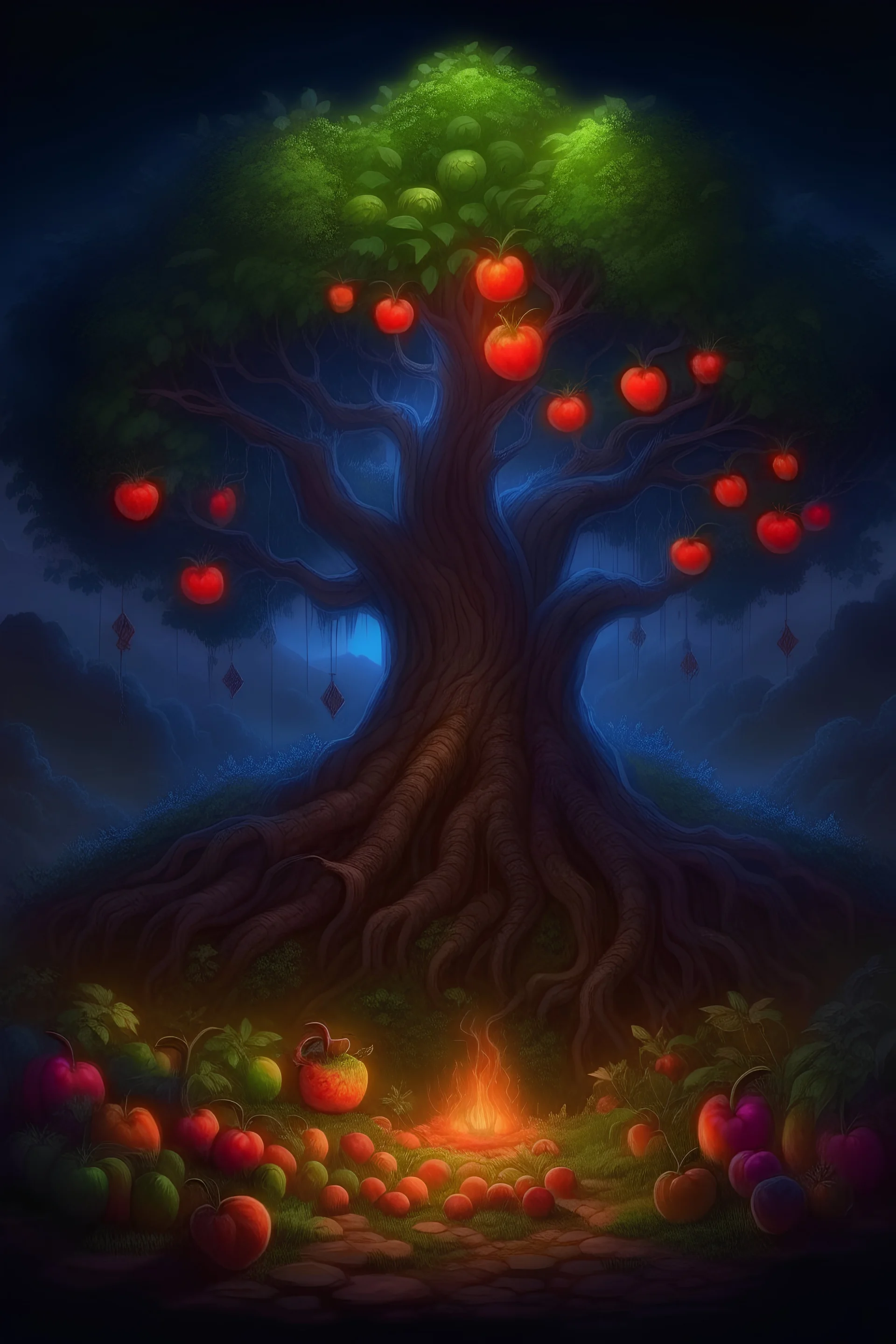 Hearthstone art, Magical Farmer growing fruit trees containing an ydillic scenery dark background