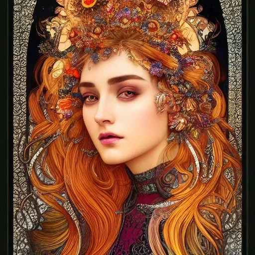 portrait,"Insanely detailed photograph of a beautiful Queen of the light Goddess,gorgeous clean face, highly intricate dress,intricately designed colorful stainedglass decorations in hair,ominous,elegant, highly detailed hair, digital painting, artstation, concept art, smooth, sharp focus, illustration, art by artgerm and greg rutkowski, alphonse mucha,Dan witz, 8 k,looking downward,album cover art,fantasy