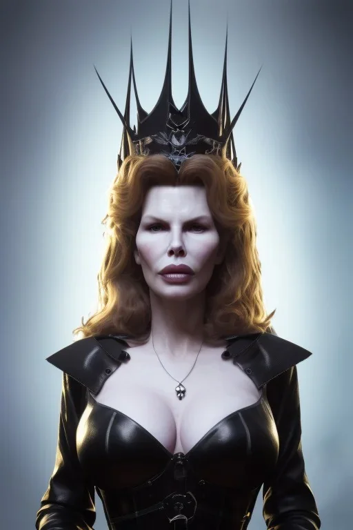 Kim Basinger as evil queen in black leather, busty, cleavage, curvy, angry, stern look. character design by cory loftis, fenghua zhong, ryohei hase, ismail inceoglu and ruan jia. unreal engine 5, artistic lighting, highly detailed, photorealistic, fantasy