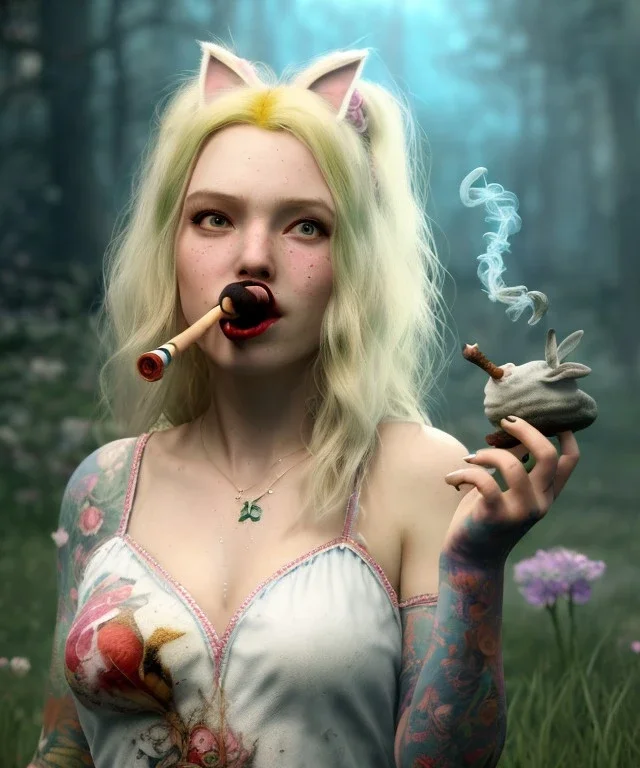 Ultra realistic wonderland photo, happy blonde woman smoking a pipe, blue dress, white rabbit pet, circus dress style, old school tattoo, smoke, marijuana garden, glow eyes, perfect iris, soft color, highly detailed, unreal engine 5, ray tracing, RTX, lumen lighting, ultra detail, volumetric lighting, high definition.