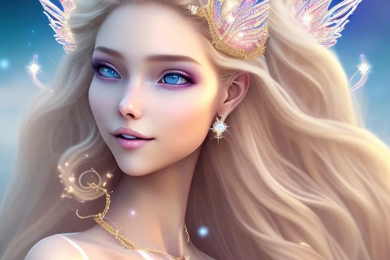 smiling, beautiful, soft,smiling, straight and long blonde hair, dewy and shiny atmosphere, diamond crown, long fairy wings in the back, full head, curly hair, golden veil clothes, bacground pink and blue