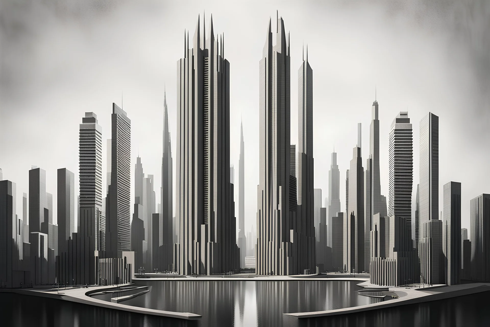 Brutalist totalitarian tower concrete imperious cityscape city skyline realistic symmetrical tall strong utopia