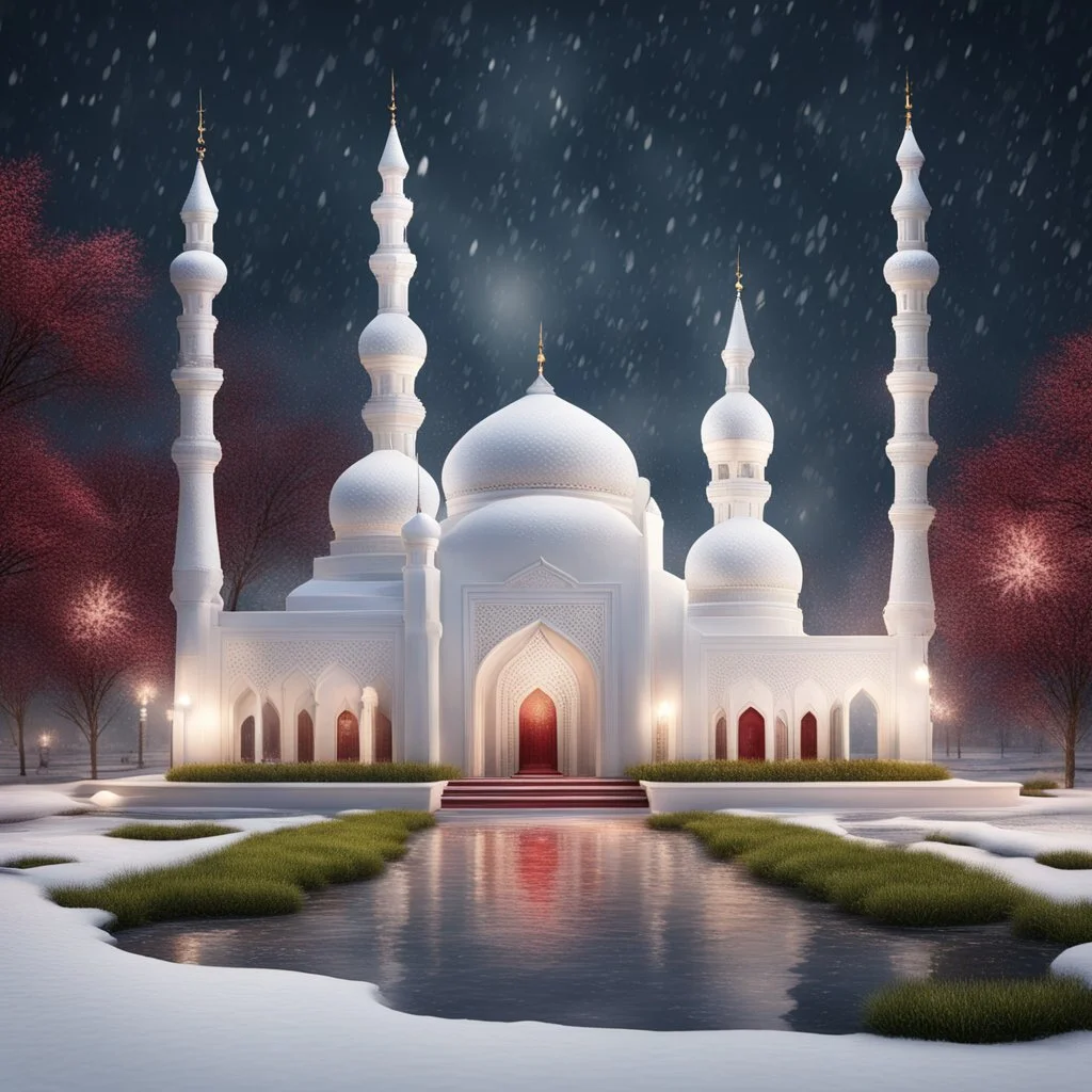 Hyper realistic Outside White Mosque with grass patches & maroon Minarets & frozen water fountain at snowfall night