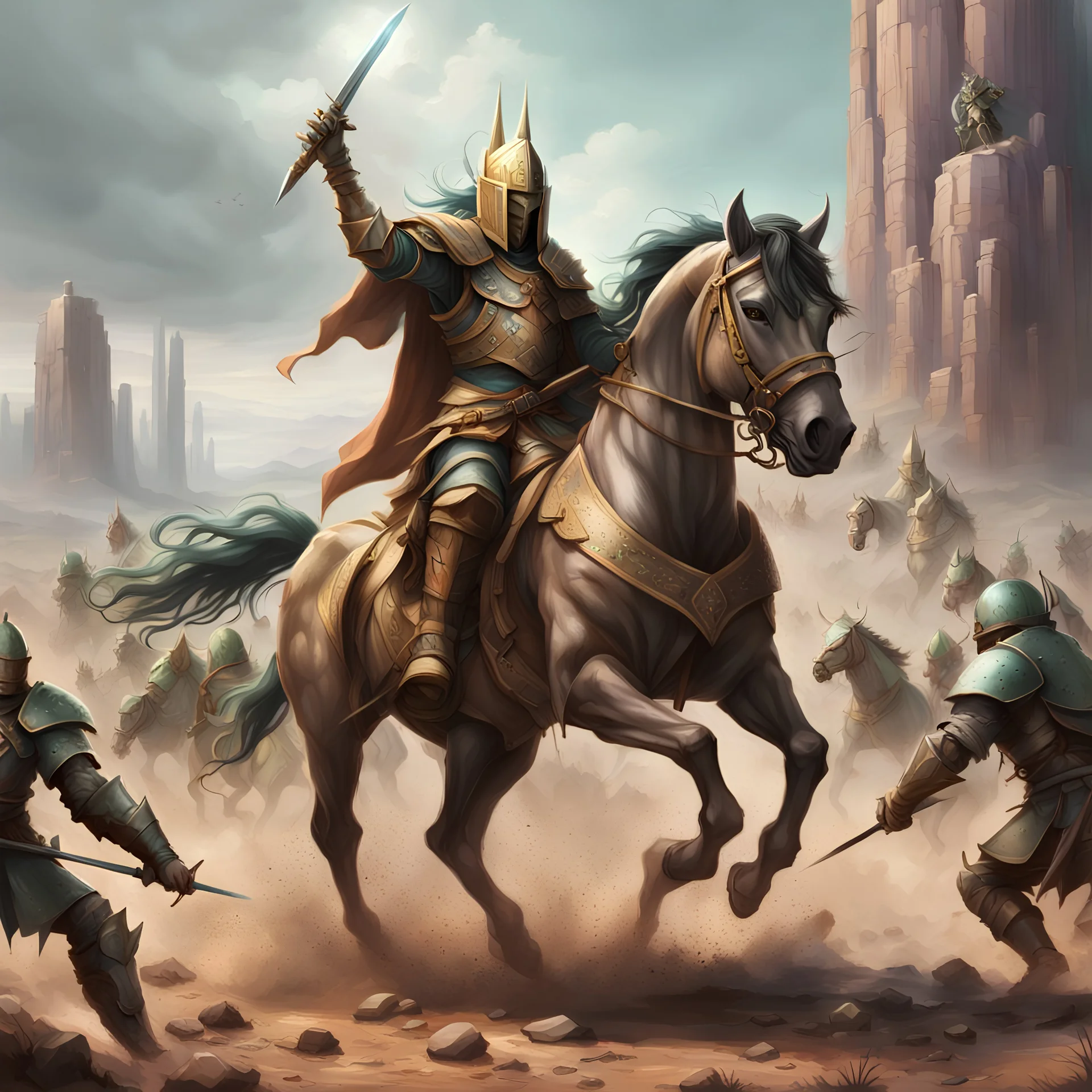 a humanoid cactus with a green spiky cactus as its head with out a helmet, riding a rearing stallion, wearing a breastplate and a cape, raising a lance, defeated foe at his feet, brutal battlefield, knights fighting in the background, mud