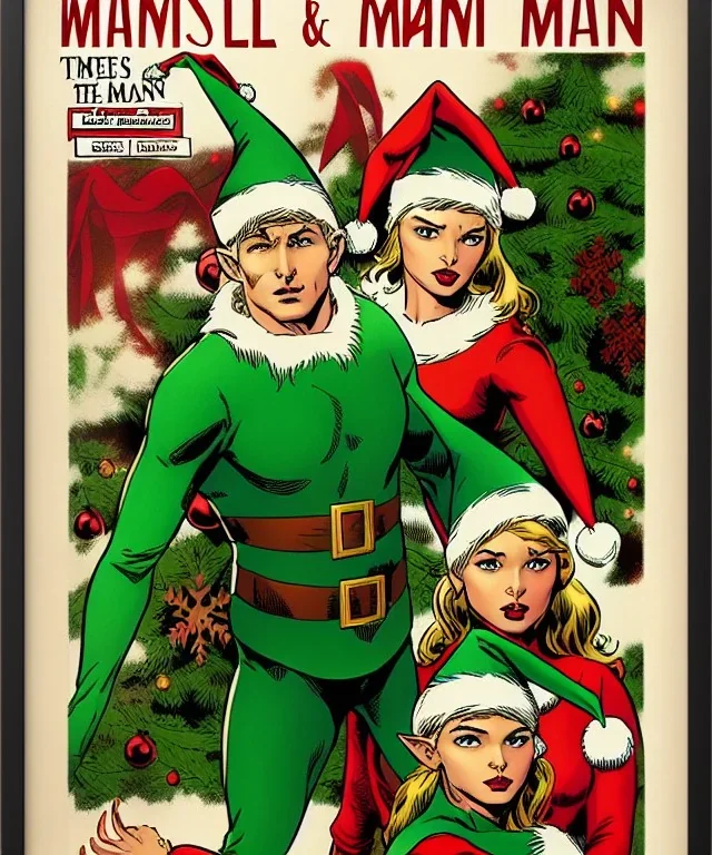 two elves. woman and man. stand apart. Christmas scene. poster. marvel comic.