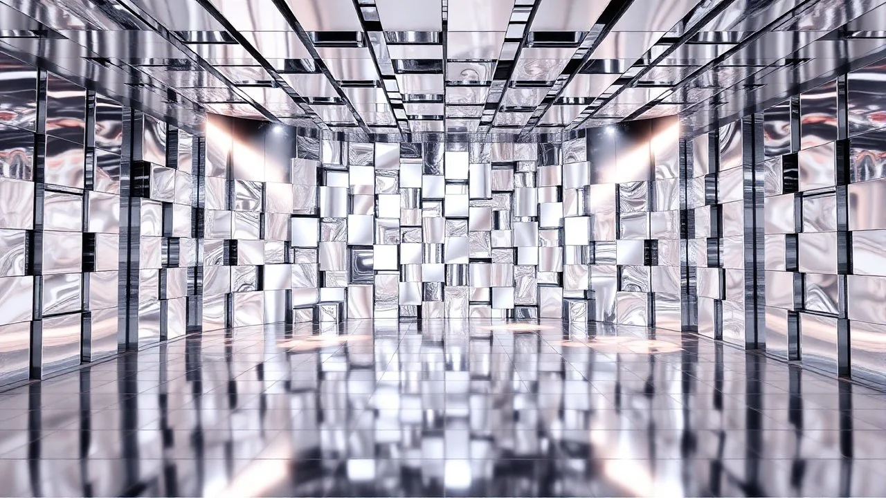 a dance stage made of recursive 3d fractal like of metallic miror surface cubes , pertty artistc background