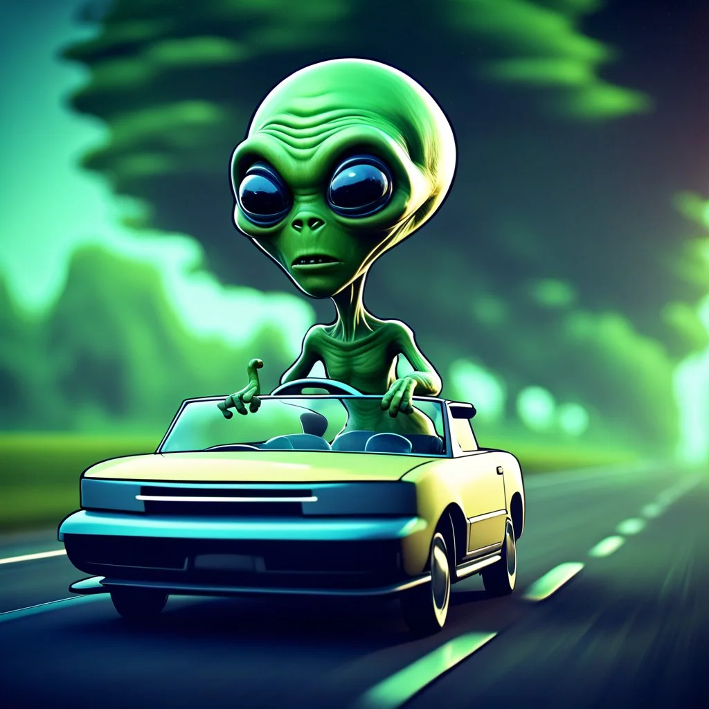 a cartoon alien driving a car down a road, a character portrait by Mike Winkelmann, featured on cgsociety, pop surrealism, rendered in cinema4d, daz3d, behance hd