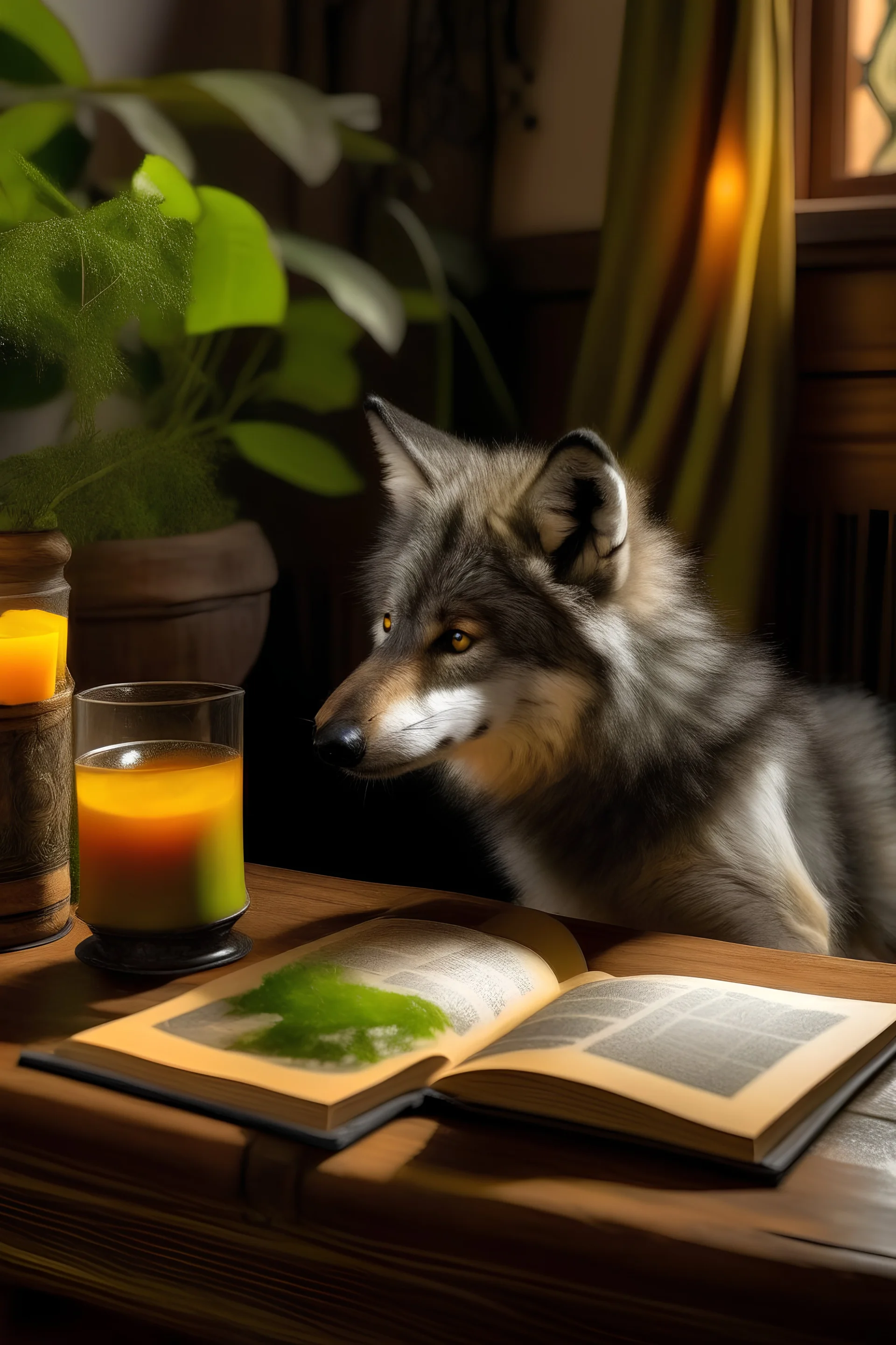 wolf cub reading books next to a glass of juice in room inside a tree