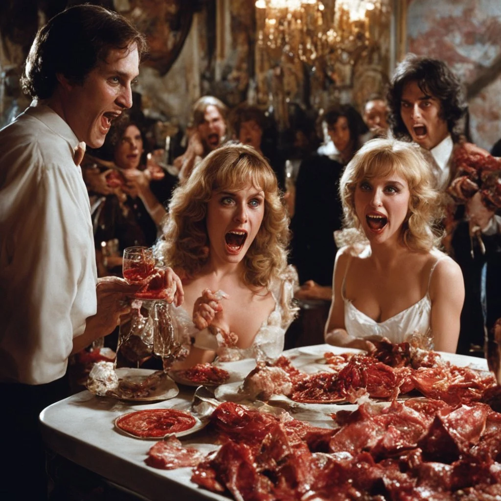 Horror movie shot, spooky, hot, ultra realistic, dine, horns, ultra realistic hot blonde women, party, pieces of meat, organs, ail, dynamic, very excited people, hypermaximalist figures, light, 1970's Italian horror movie, sinister,, Dario Argento, Stanley Kubrik, ornate, 4k, photorealism