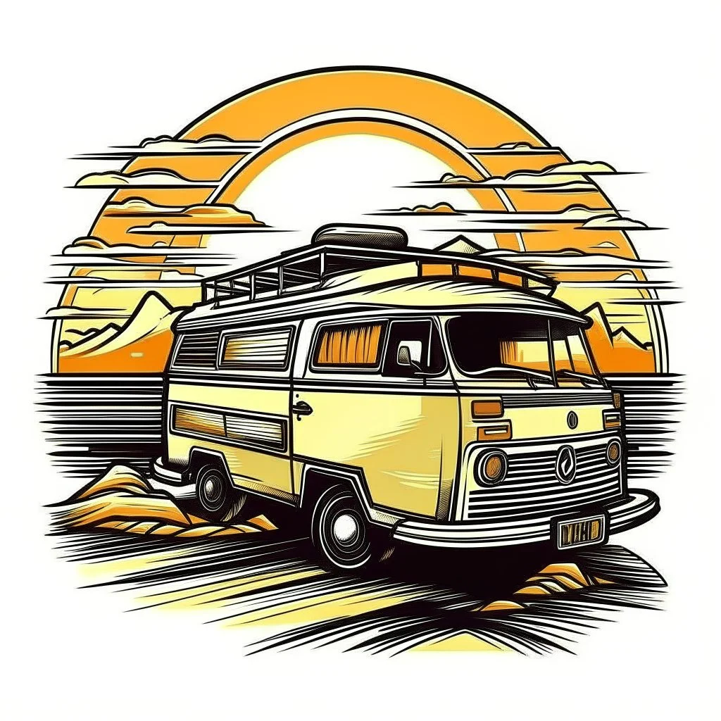 A retro camper van parked by the ocean, nostalgic, carefree, golden hour lighting, T-shirt design graphic, vector, contour, white background.