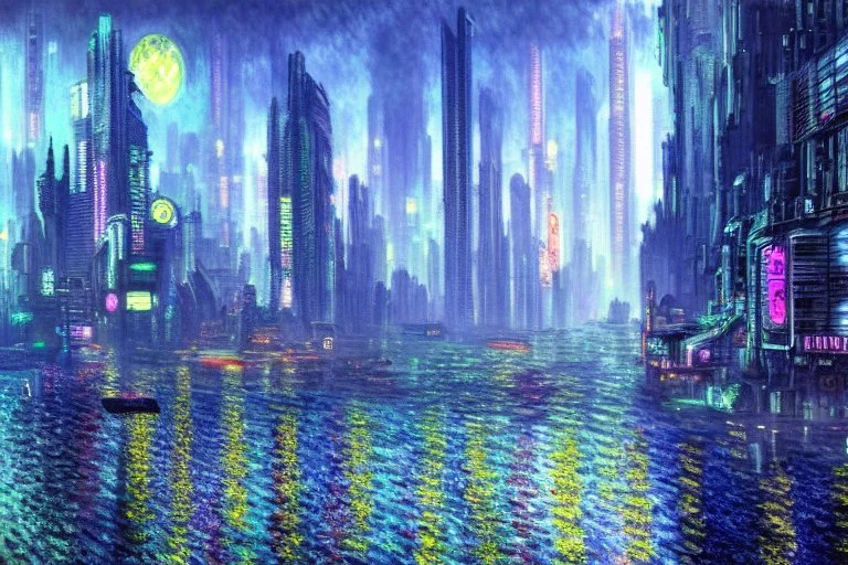 Cyberpunk City near trees, sci-fi, epic, movie wallpaper, claude monet style, realistic painting