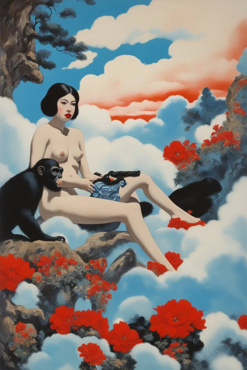 psycho art,cloud in blue sky, a red lip, collage art, shuji terayama, dreamy objects, surreal, criterion collection, showa era, intricate details, mirrormugshot, Planet of the Apes, blue, large, floral designs, atmospheric, beautiful, China Doll, oil painting by Frank Frazetta