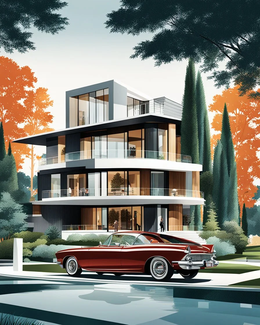 Architectural drawing of a luxurious modern country house, trees, people and cars, complementary colors