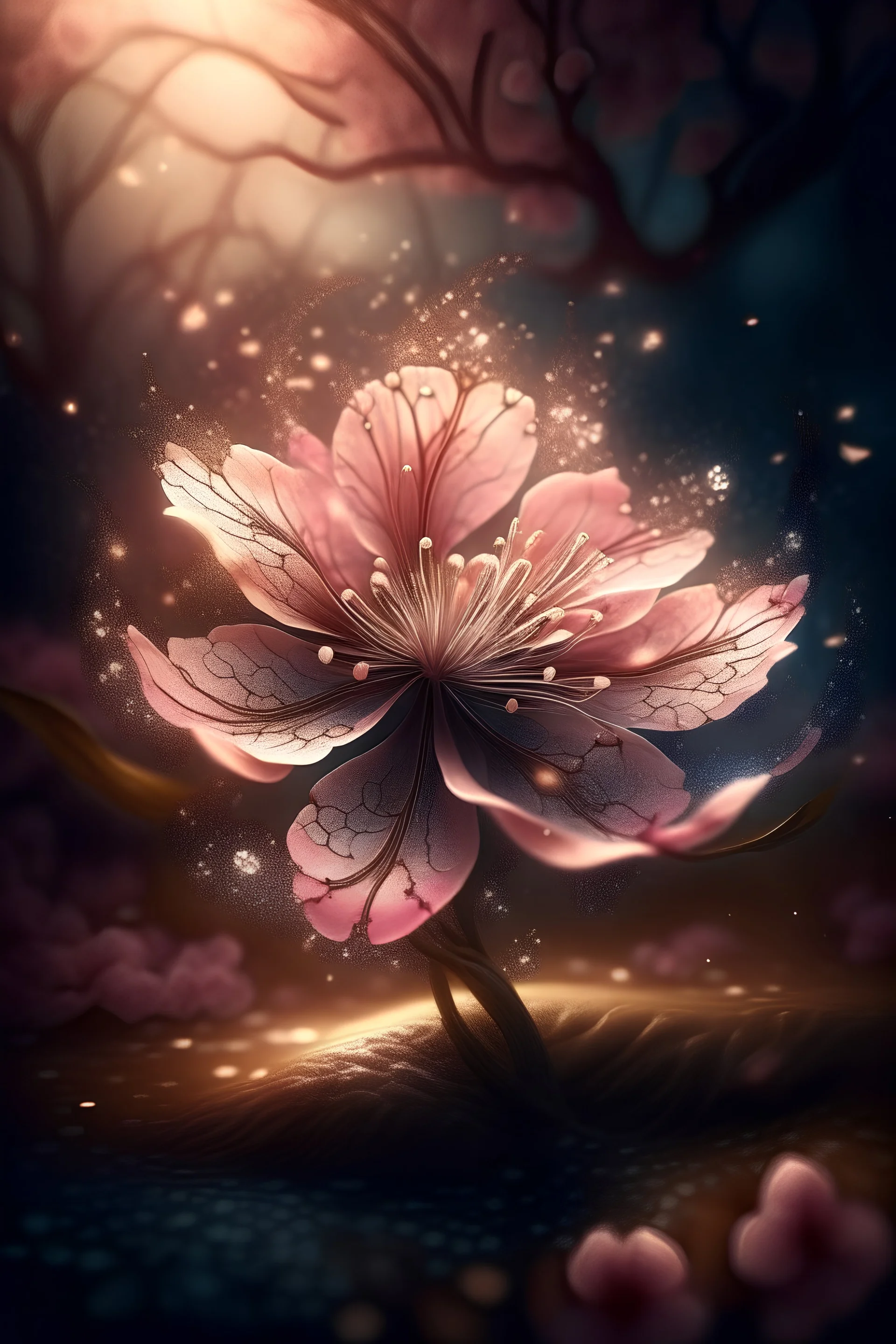 epic a full-size photo of a Cherry Blossom with innumerable petals, front illumination only, forest background, magic wake, fantasy illustration, sparks, glitter, grainy, noise, fractal crack effect, cinematic, deep depth of field, 3D, 16k resolution photorealistic, a masterpiece, breathtaking intricate details, reflective catchlights, high quality, abstract vector fractal, wave function, Zentangle, 3d shading