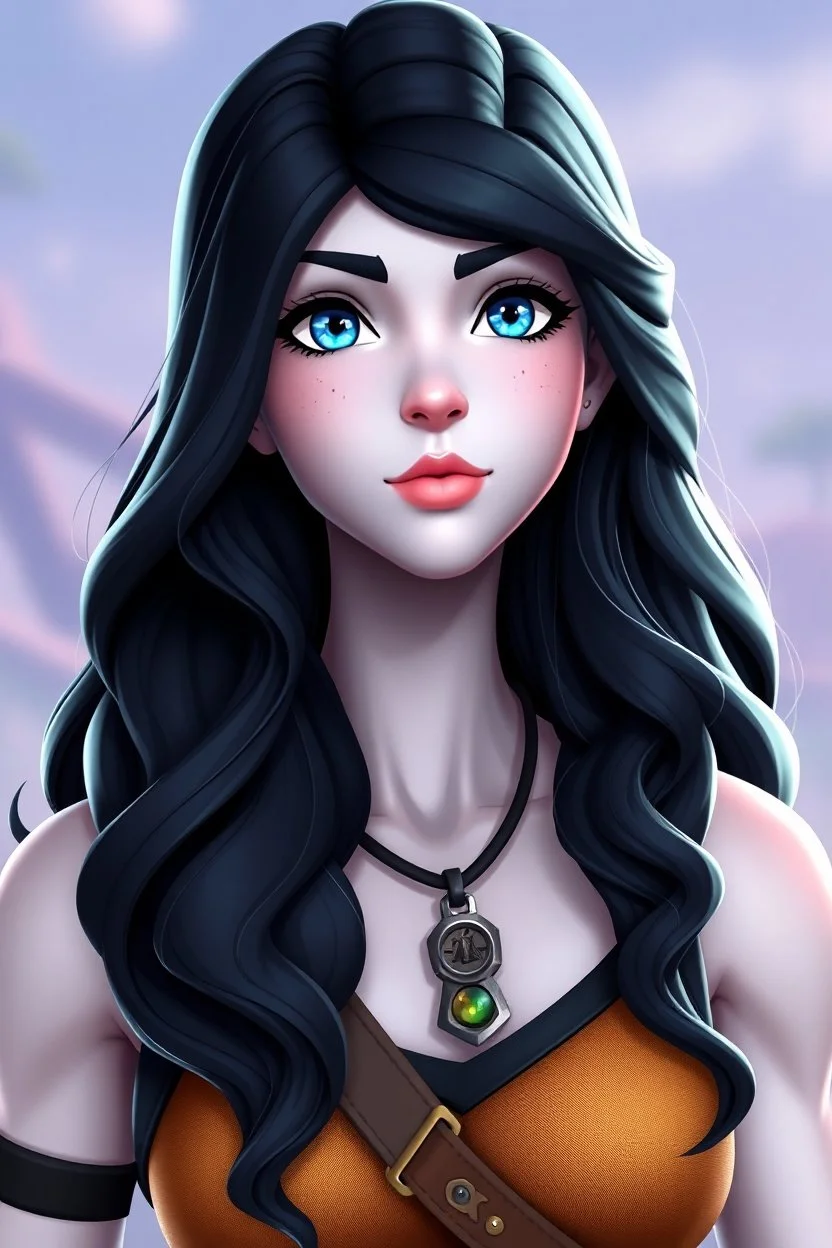 Beautiful; stunning; Blue eyes, long wavy black hair, pale skin character in fortnite (fortnite video game), (vivid), ((fortnite cartoon character)), fortnite animation, fortnite skin, (magic mosses map), full body shot, bright and dynamic coloring, (fortnite epic games), semi realistic
