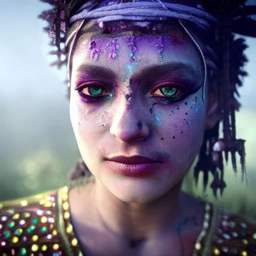 butterfly slumlord gypsie, A soft portrait of a woman, insane facial make-up detail, ambient detail, depth of field, dirty make-up, crystalized complimentary colors, queen, atmospheric, realistic, unreal engine, lighting, octane render, proportional, national geographic haze,