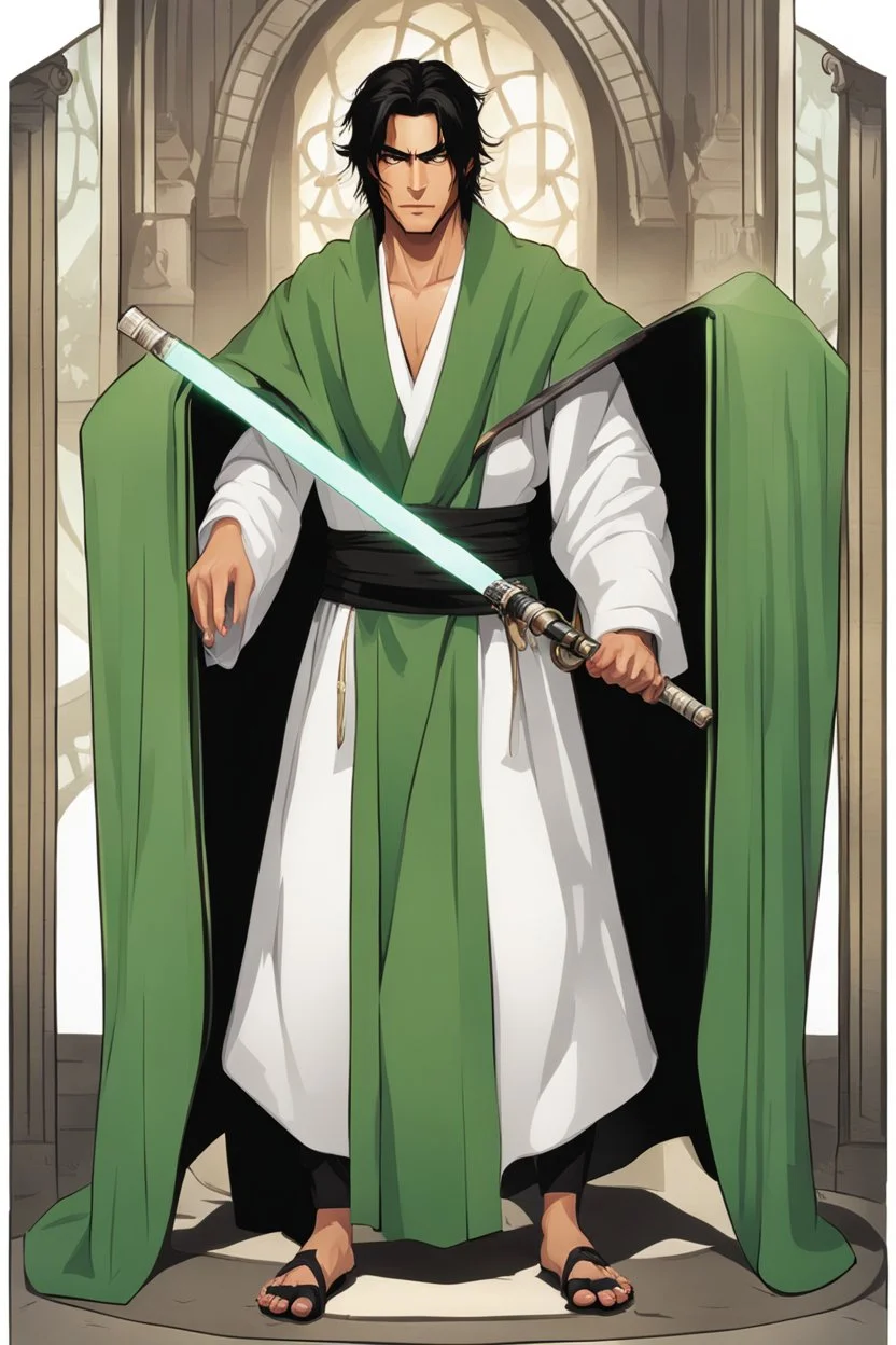 Full Body, Male Tan Human, Sith, Blindfold, Green and Black Robes, Handsome face, Black hair.