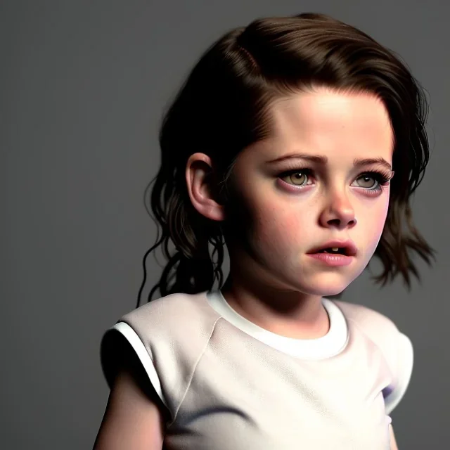 Kristen stewart toddler, full body, dramatic lighting, hyper realistic