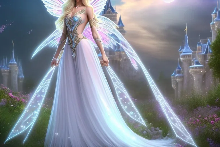 castle in background, beautiful, soft, big smiling, straight and long blonde hair, blues eyes, dewy and shiny atmosphere, diamond crown, long fairy wings in the back, full head, pink veil clothes