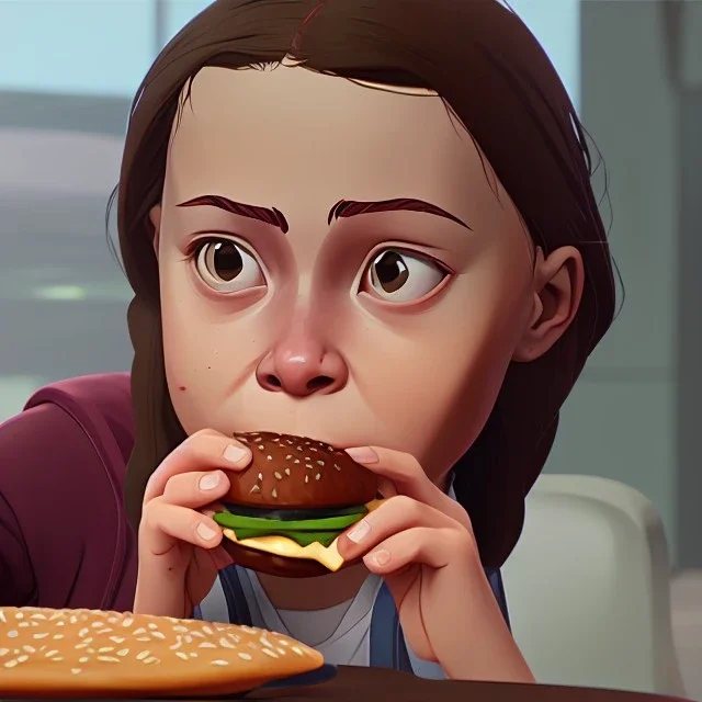 Greta Thunberg eating cheeseburgers oozing with grease.