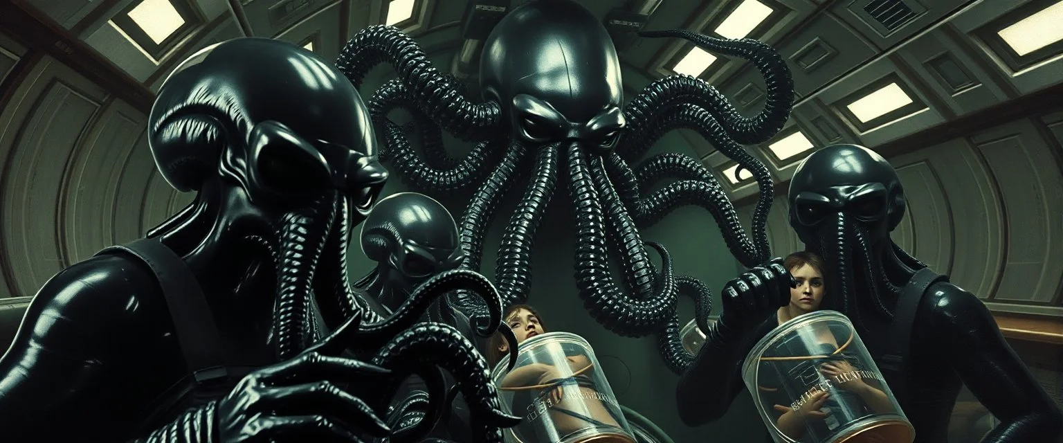 master oil painting by Rembrandt, black glistening slimy octopus insectoid hypnotic Nephilim tribe trauma watchers commando in spaceship with some scared humans in huge canisters, in the style of Giger, 3d anime