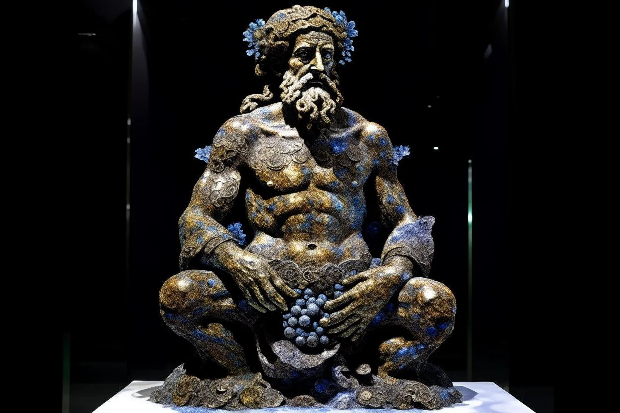 A dark statute of a god from Atlantis in a galaxy designed in ancient Roman mosaics painted by Claude Monet