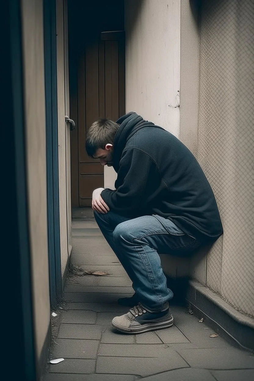 someone crouched in a corner scard