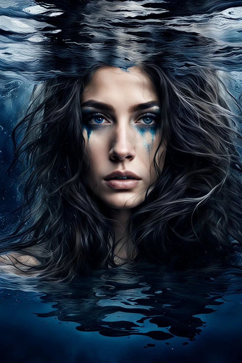 matte painting of a beautiful woman's face just under the surface of the water, close-up, sad, peaceful, beautiful, long messy hair, minimal colors, rough paint strokes, black, white, and a hint of dark blue and silver, paint strokes, insanely detailed, detailed matte painting, deep colors, intricate detail, splash screen, mystic, complementary colors