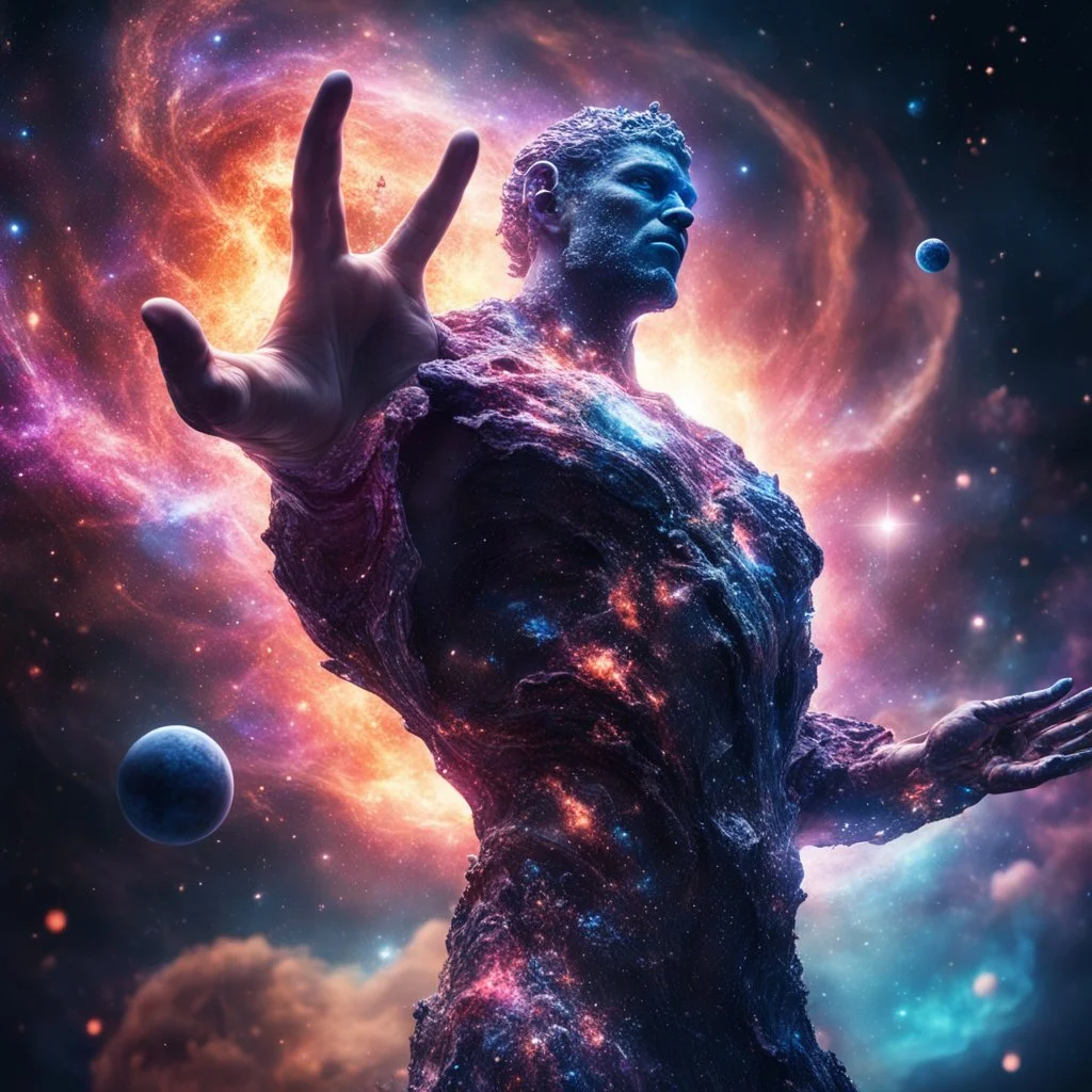 a colossal godlike humanoid figure composed of swirling galaxies and nebulae, emanating power and majesty, crushing a planet to explosion with its hand, sharp focus, high contrast, dark tone, bright vibrant colors, cinematic masterpiece, shallow depth of field, bokeh, sparks, glitter, 16k resolution, photorealistic, intricate details, dramatic natural lighting