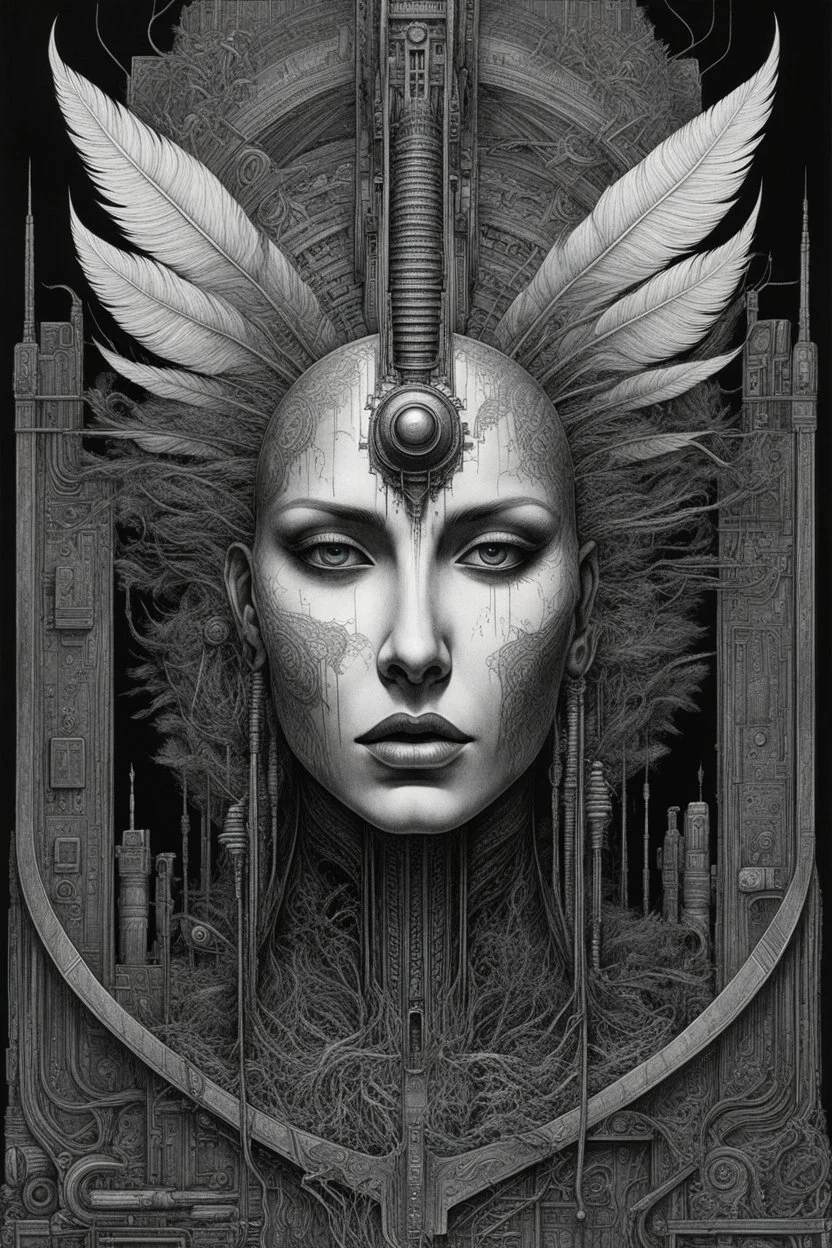 a Indian feathers on and with computer chips and a smoke in the background dark a thin line draw ، front view camera, decayed and proportions and imagery. surreal chorror, biomechanical design, by hr giger and beksinski , fine lines draw