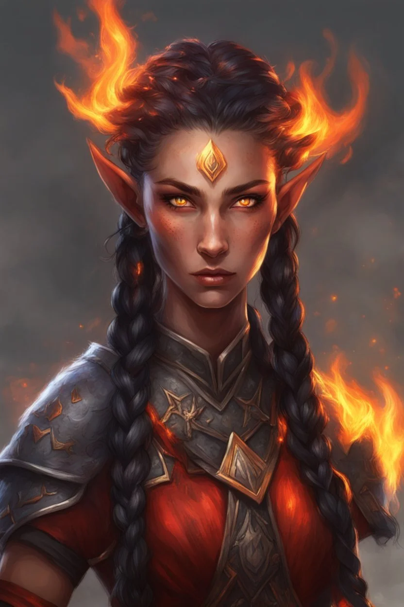 Paladin druid female with fire abilities. Makes fire with both hands.Hair is long and bright black some braids and it is on fire. Eyes are noticeably big red color, fire reflects. Has a big scar over whole face. Skin color is dark. Has elf ears