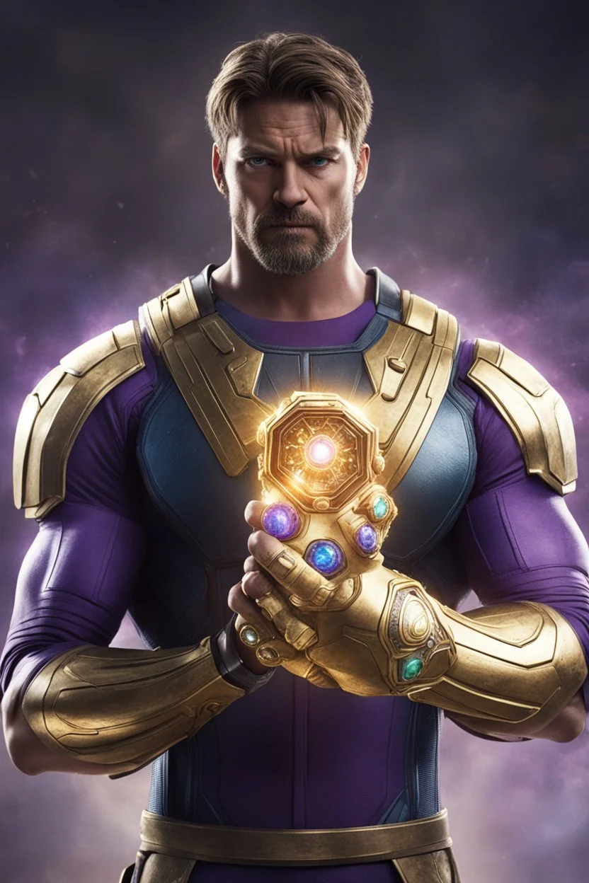 A sporty looking man with With a serious his face while holding Thanos' gantlet K's infinity gauntlet has six infinity stones