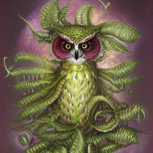 beautiful subsymmetrical elaborate fiddlehead-fern-owl, Brian Froud, Howard Lyon, Anna Dittman, Anne Stokes, Selina French, Greg Rutowski