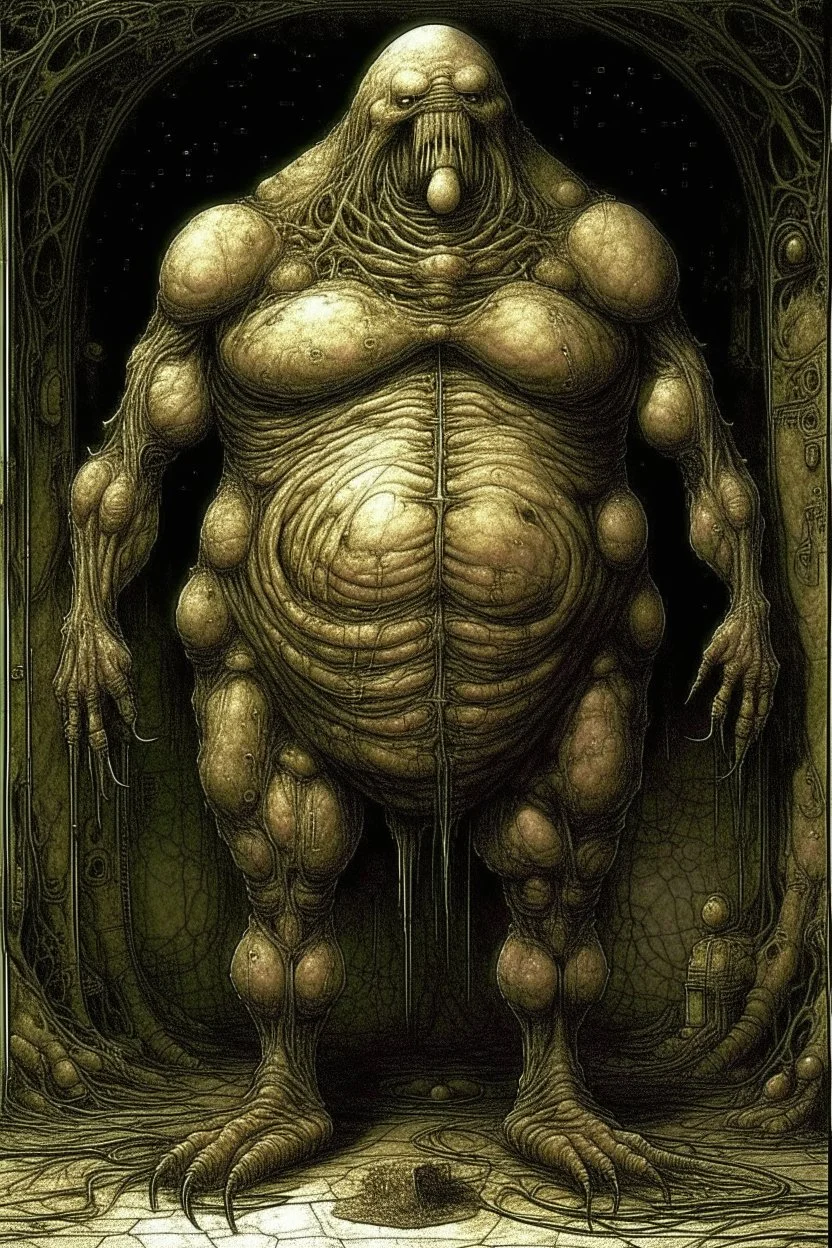 The full body of a fat man standing , decayed and rotting with grotesque proportions and imagery. surreal horror, biomechanical design, by hr giger and beksinski