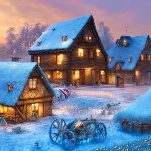 quaint fantasy medieval farming village in frost night with wooden buildings grasslands plains