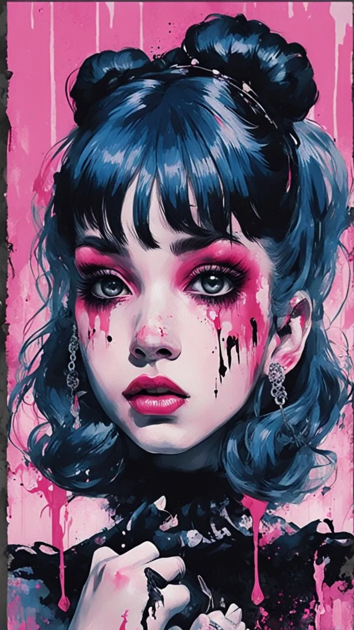 Poster in two gradually, a one side malevolent goth vampire girl face and other side the Singer Melanie Martinez face, full body, painting by Yoji Shinkawa, darkblue and pink tones,