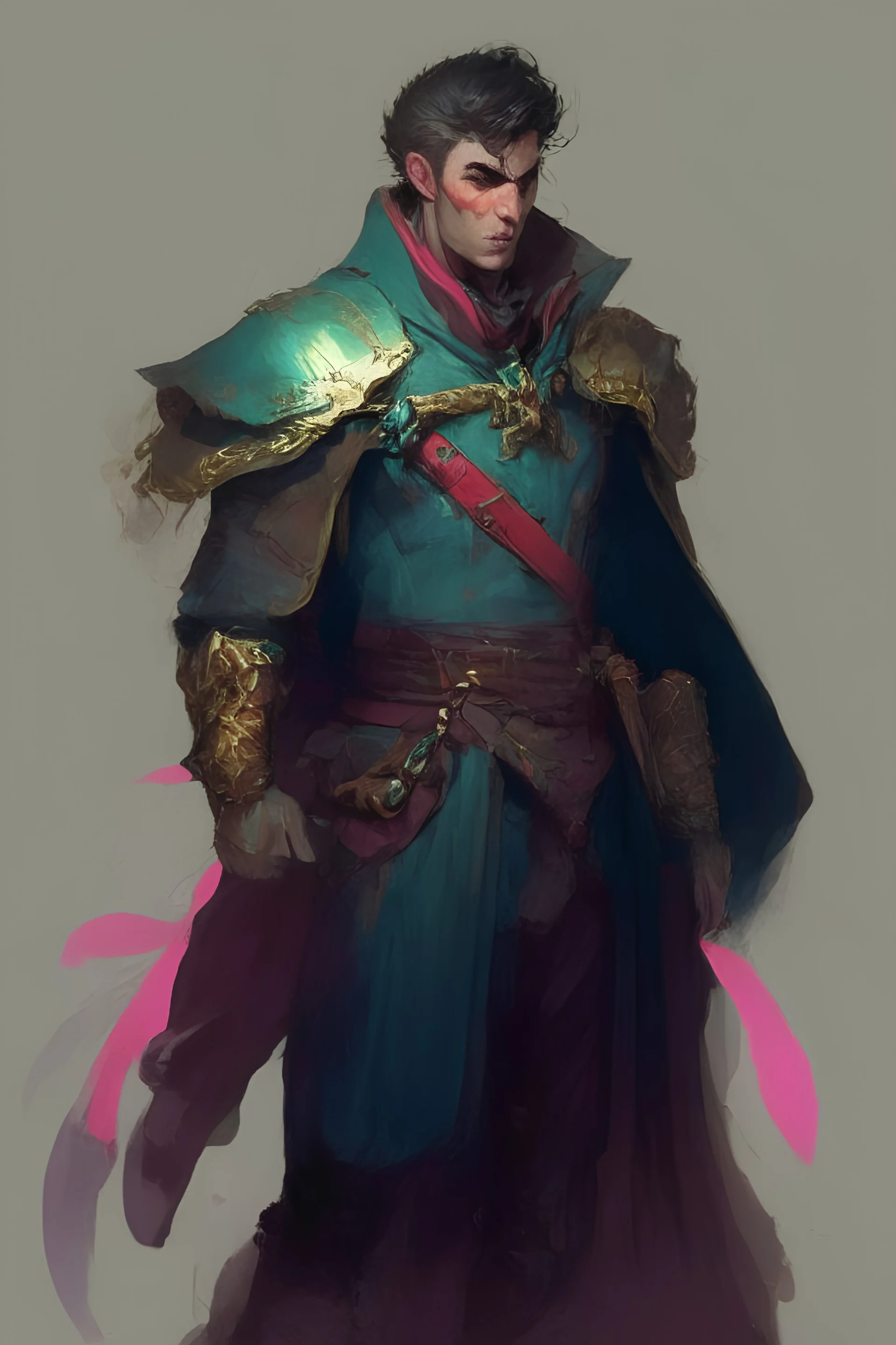 Triton male Rouge with dark teal skin DnD character. With a golden belt. Wearing dark pink with a short cloak.