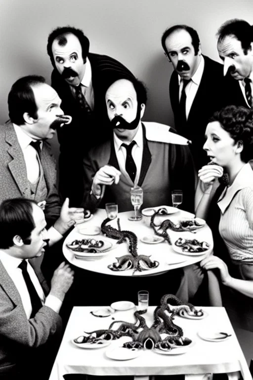 The cast of fawlty towers all eating octopus