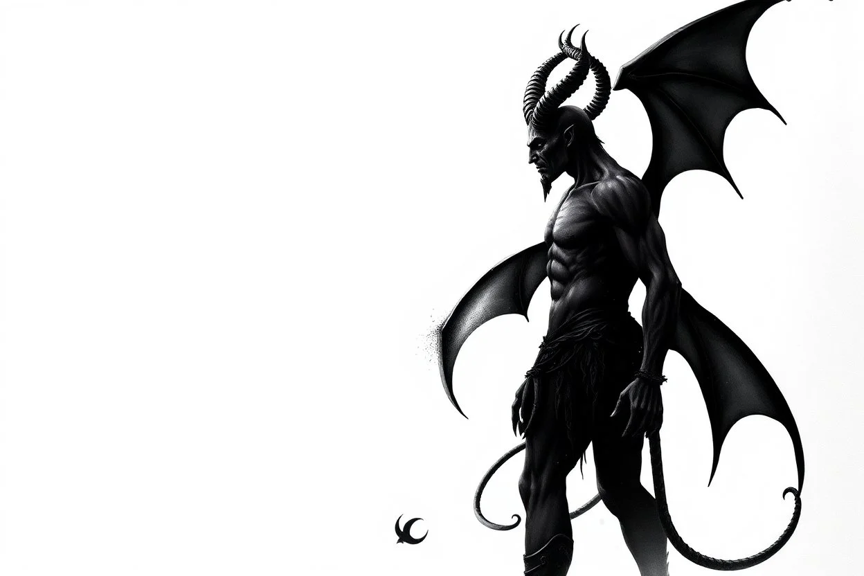 a sinister devil standing facing right