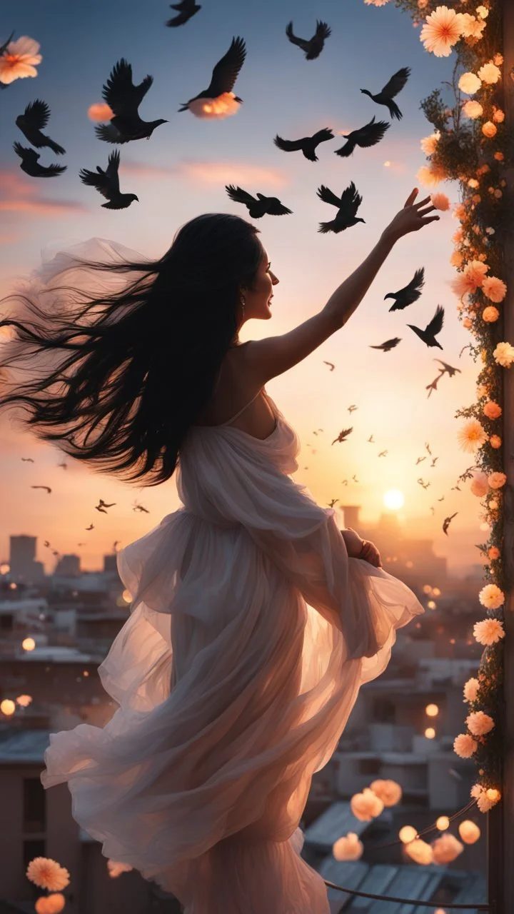 Hyper Realistic Photographic-Silhouette view of a beautiful mother with long-black-hair-whirling, carrying & happily-playing with her smiling-baby in her hands on a rooftop decorated with flower-arches, garland-lights-&-petals-whirling with cloudy-sunset-behind & silhouette-of-birds-flying showing dramatic & cinematic ambiance.