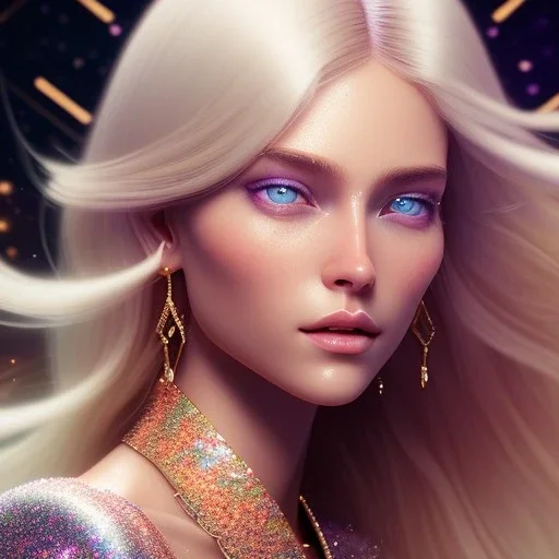 white woman long blond hair blue eyes glitter in a galactic ambiance, delicate colors in the foreground, full of details, smooth, light effect，vaporwave colorful, smooth, extremely sharp detail, finely tuned detail, ultra high definition, 8 k, unreal engine 5, ultra sharp focus