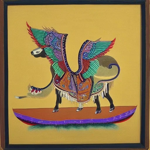 flying cow with wings indian painting style