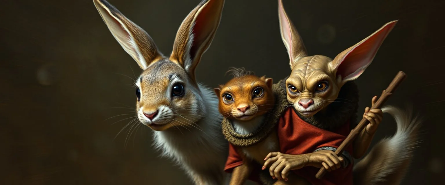 rabbit fox elf gremlin in style of Rembrandt and Fallout 4, with motion blur