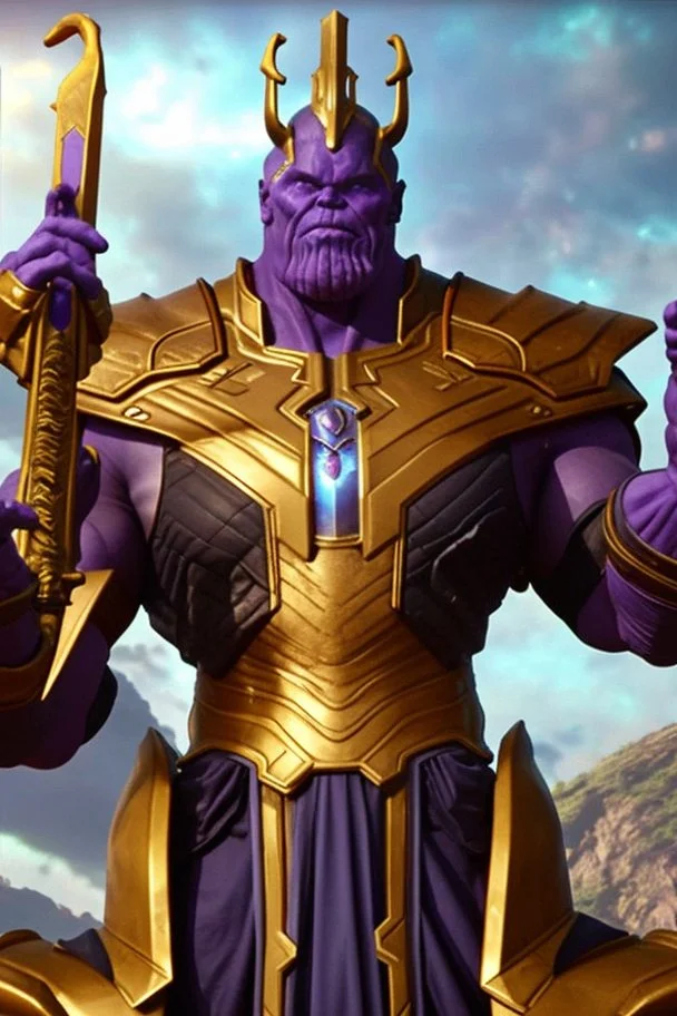 Thanos, the commander of the army of aliens and the king of the entire galaxy, is ready to go on a campaign with his two large swords, his very beautiful and impenetrable armor with his golden helmet, standing on top of a hill with his sword with infinity gauntlet